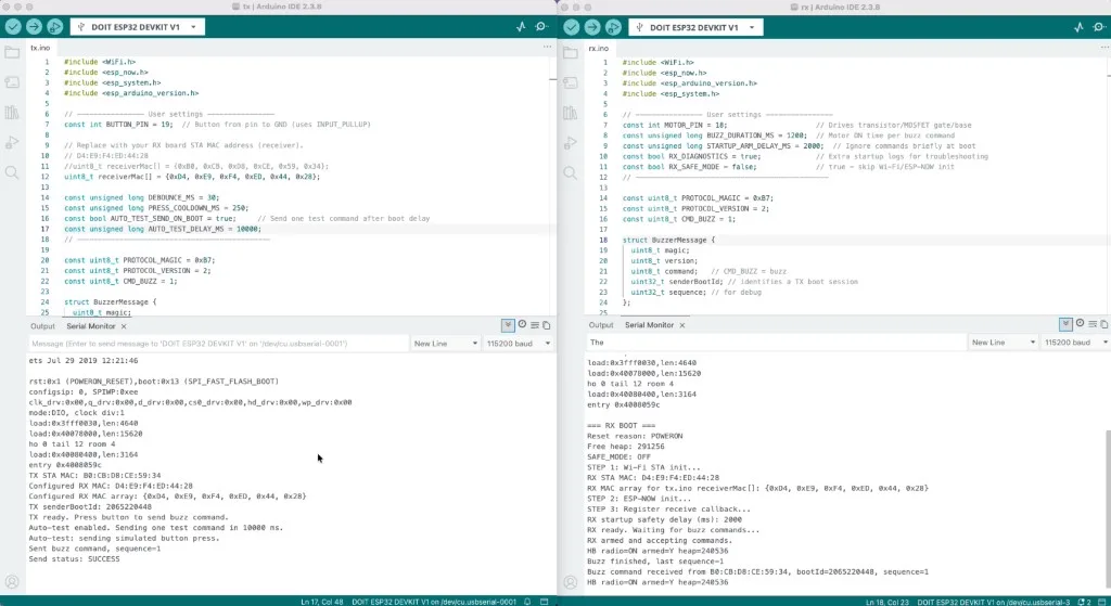 Screenshot of two Arduino IDE windows open side by side for TX and RX firmware development