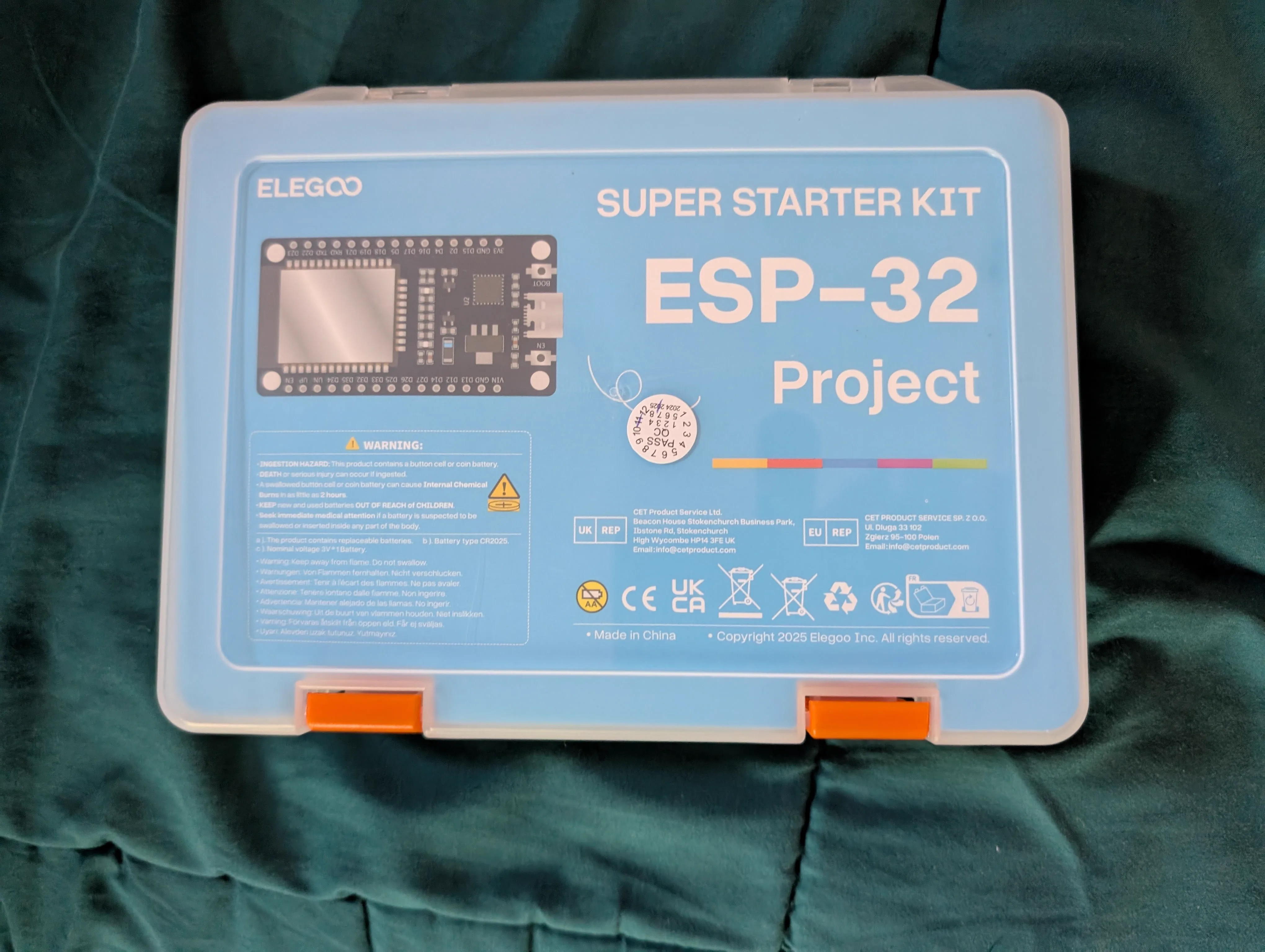 Elegoo ESP32 starter kit box on a desk before opening