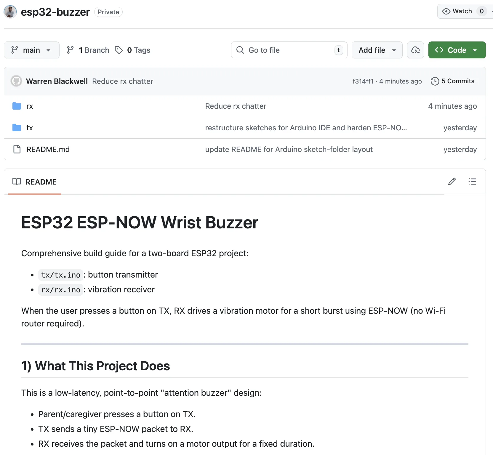 GitHub repository screenshot for esp32-buzzer showing tx and rx project structure
