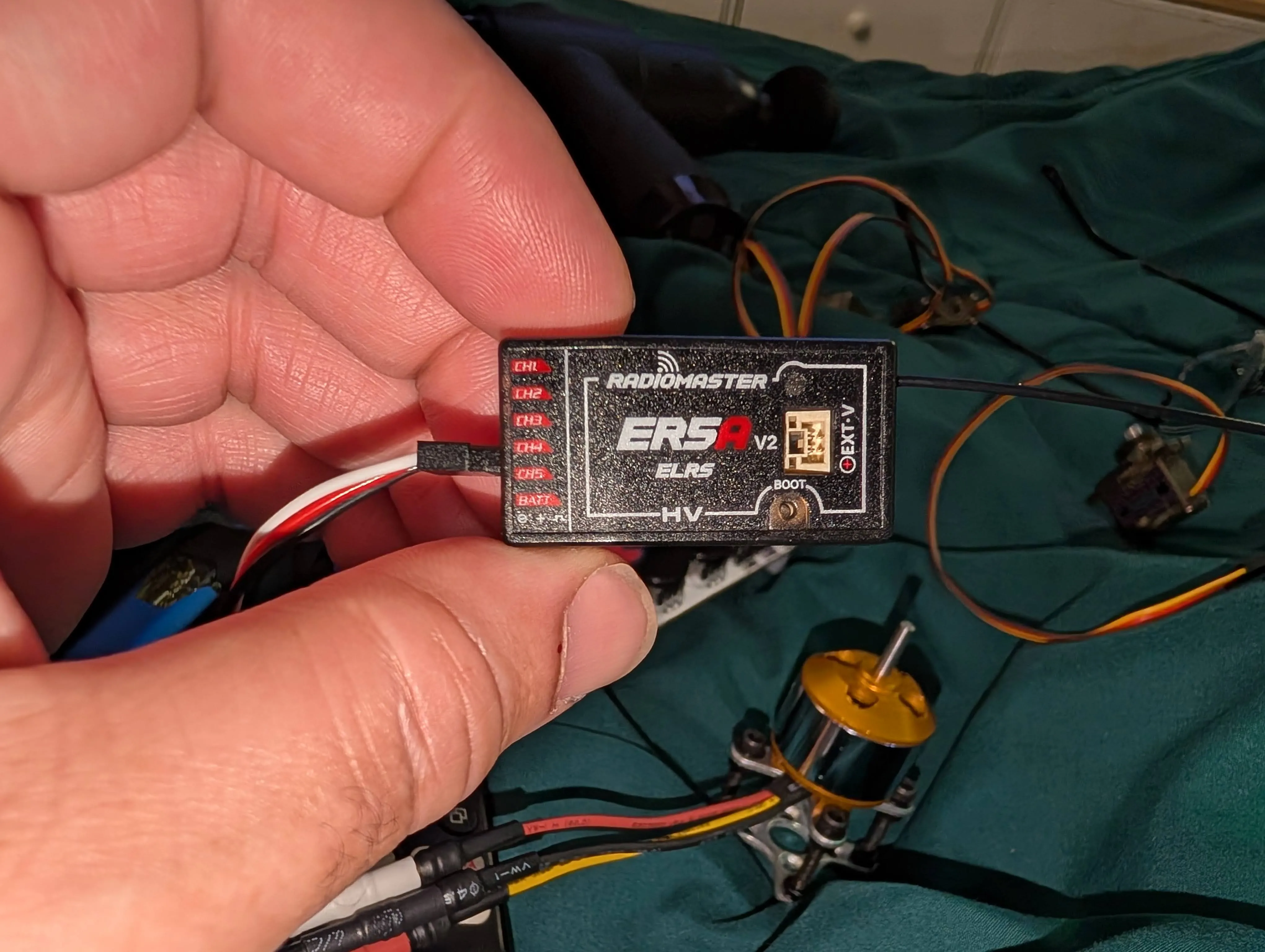 ELRS PWM receiver with channel outputs visible