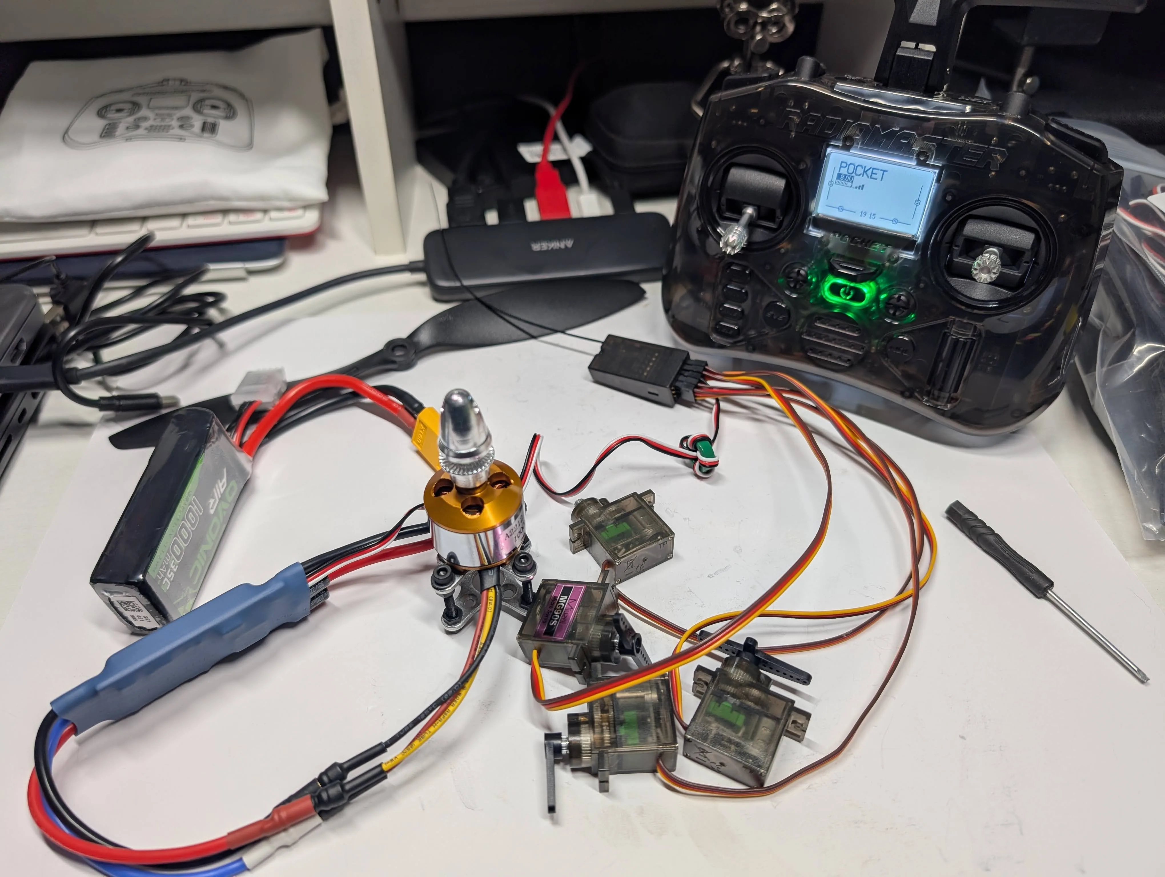 RC bench setup from a second angle showing motor and electronics connected