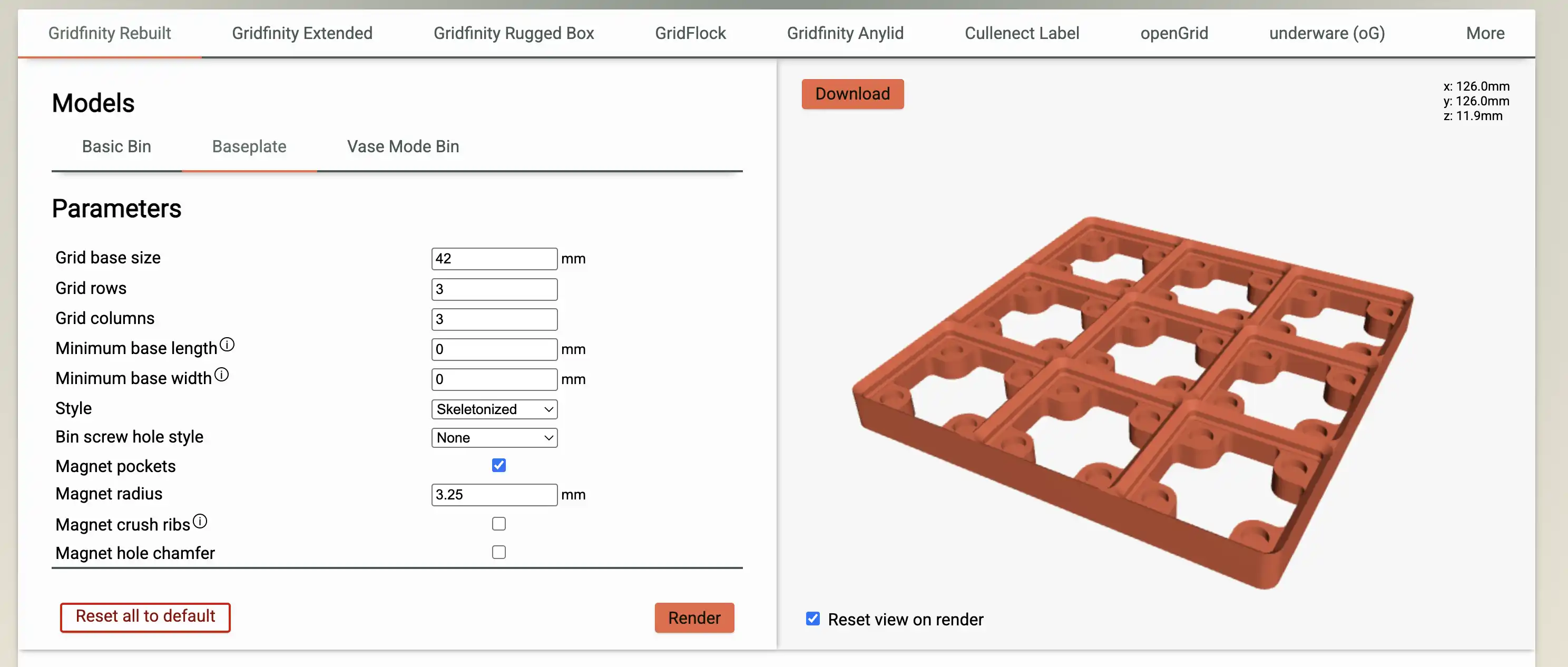 Screenshot of Gridfinity Generator used to create bins and baseplates