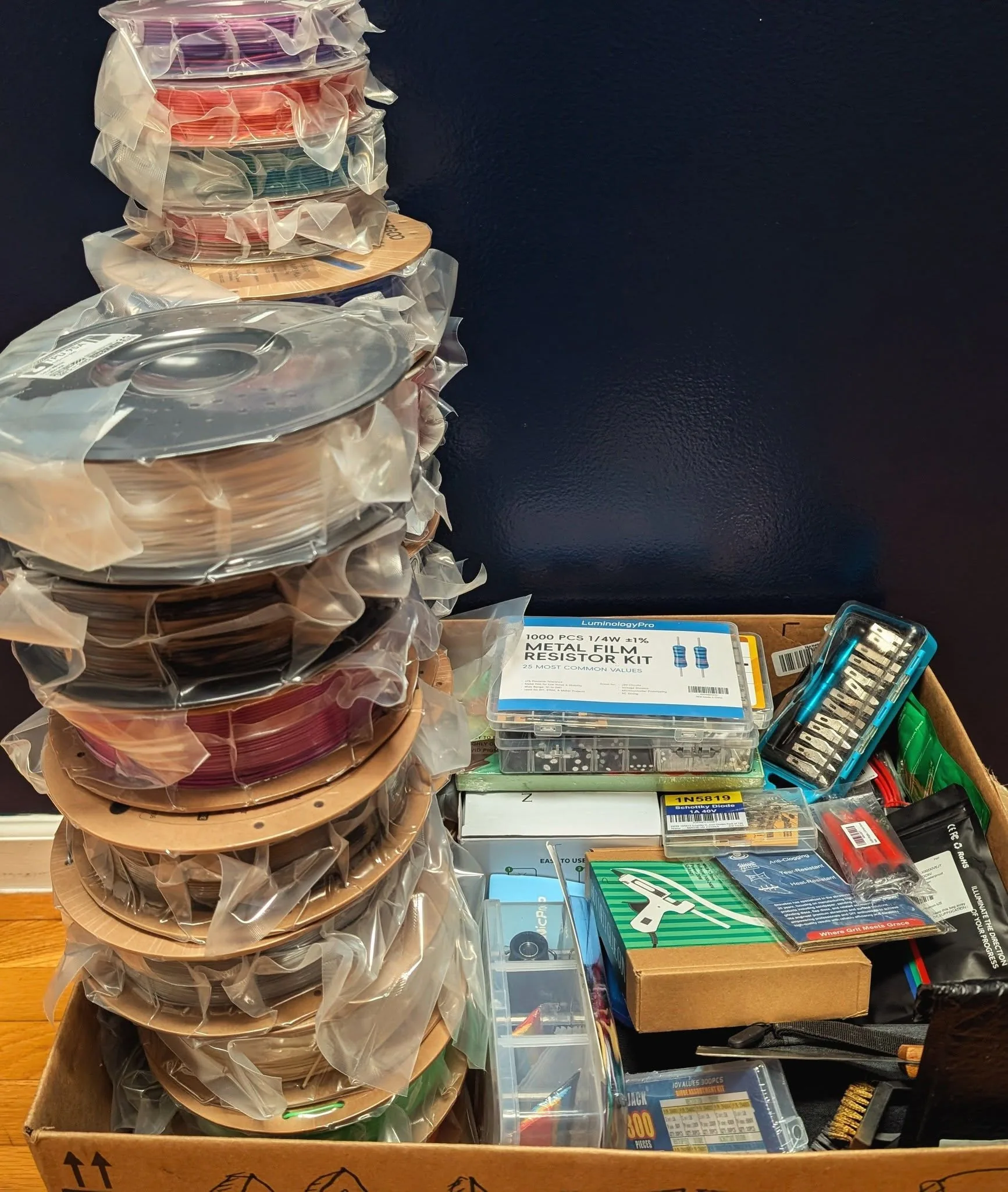 The Maker Box — all items unboxed into a single box, ready to inspire making, creating, and inventing