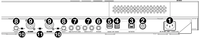 Akai MPC Key 61 rear panel diagram showing power, network, USB, main outputs, and inputs