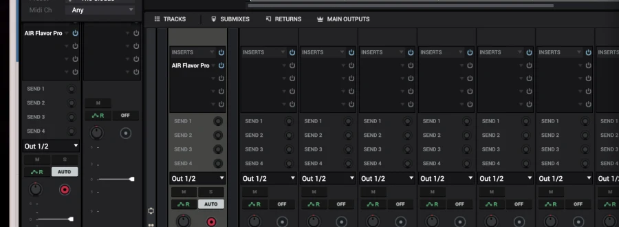MPC Channel Mixer showing insert effects, sends 1-4, and output routing across multiple tracks
