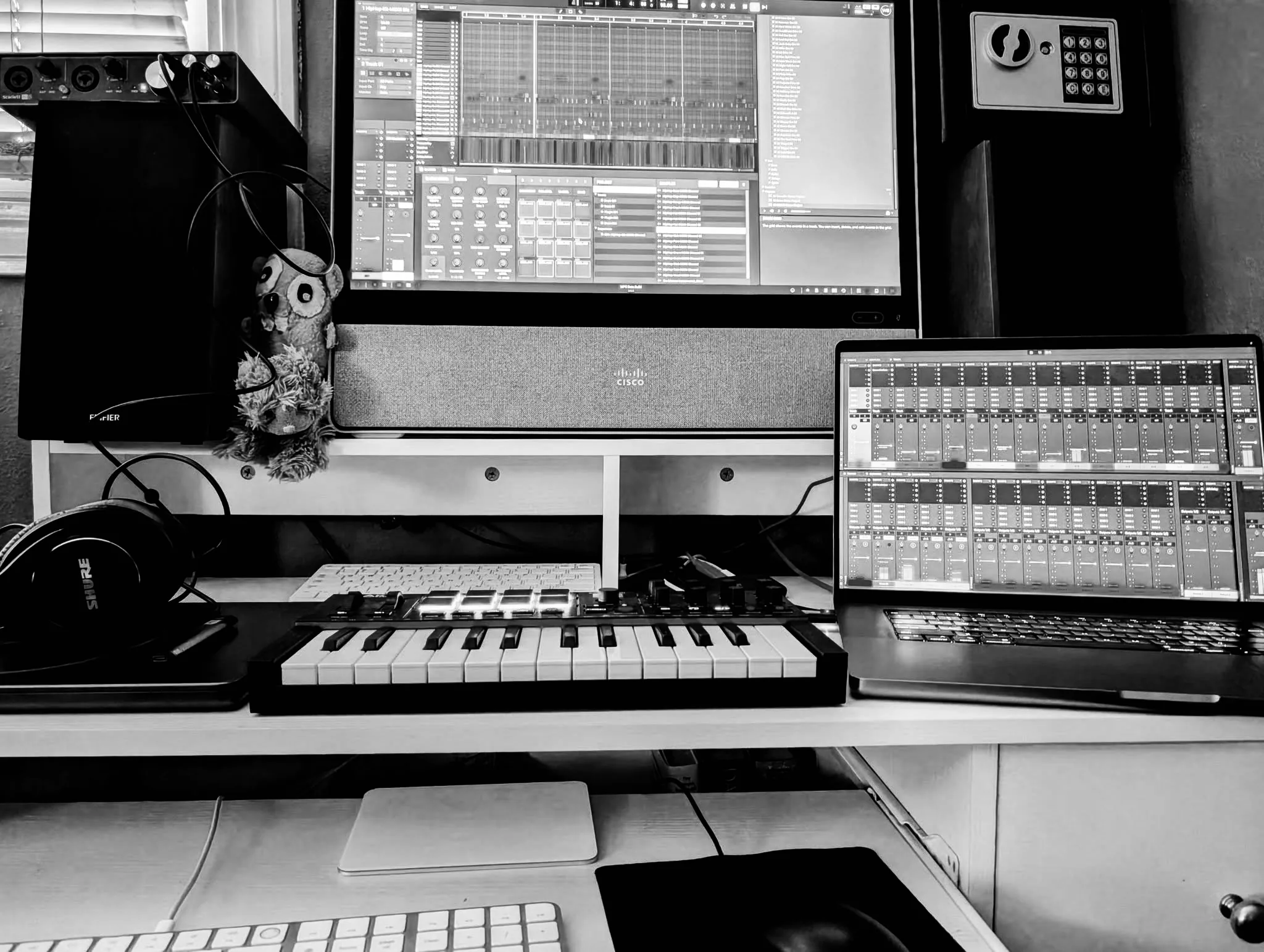 Bedroom music desk setup, close view