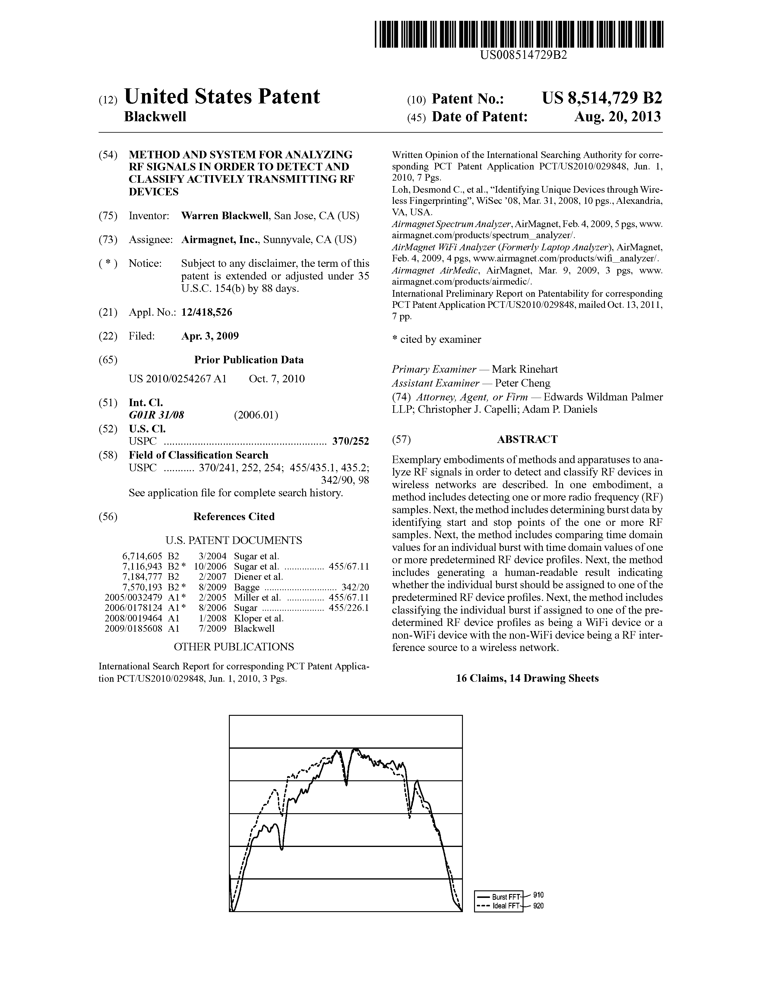 RF signal analysis flowchart from US Patent 8,514,729