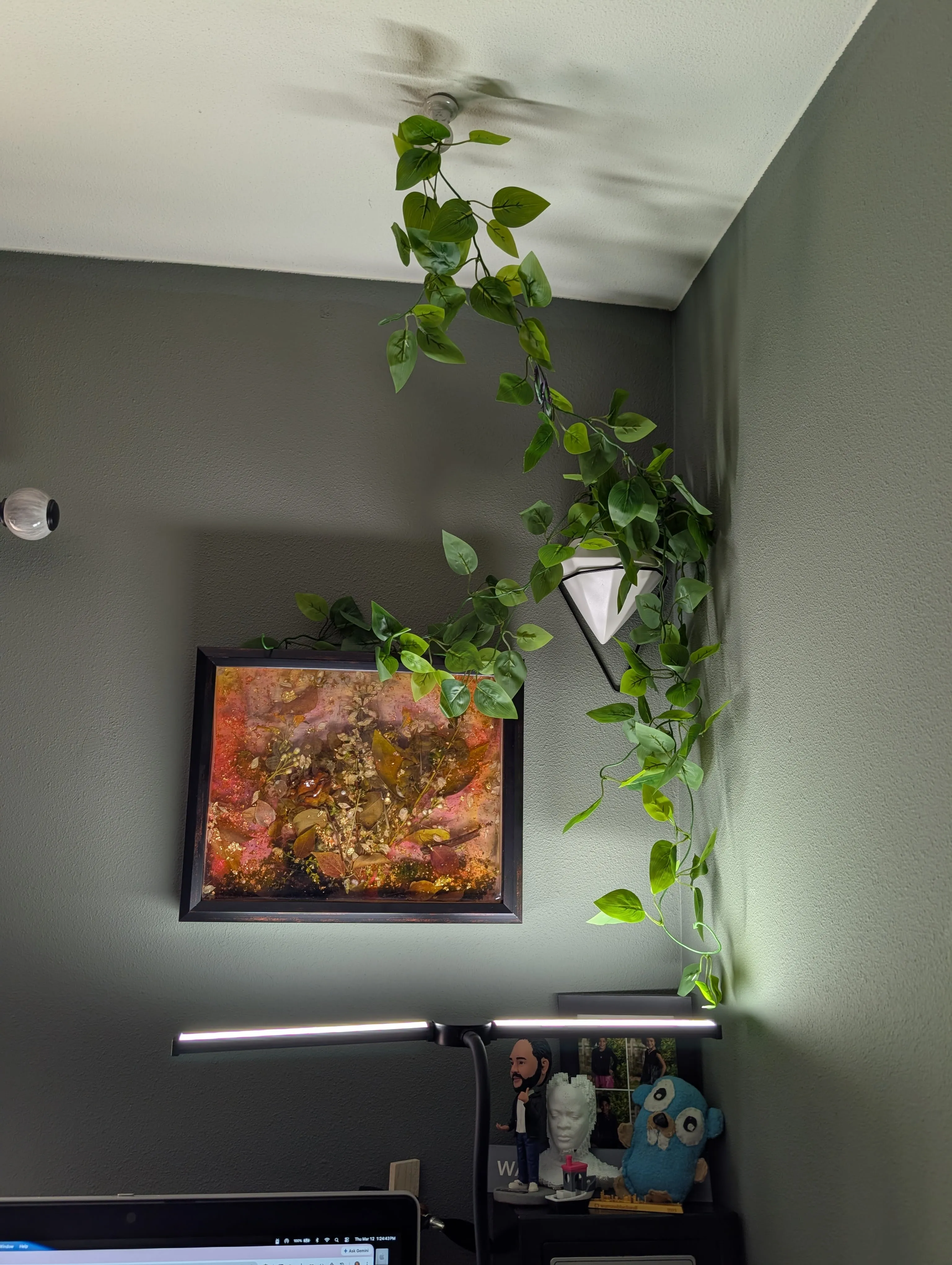 Mulberry Spring '26 epoxy art piece above a desk, spring year-round